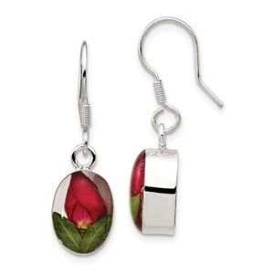 925 Sterling Silver Real Rose Bud Dangle Drop Earrings French Hook